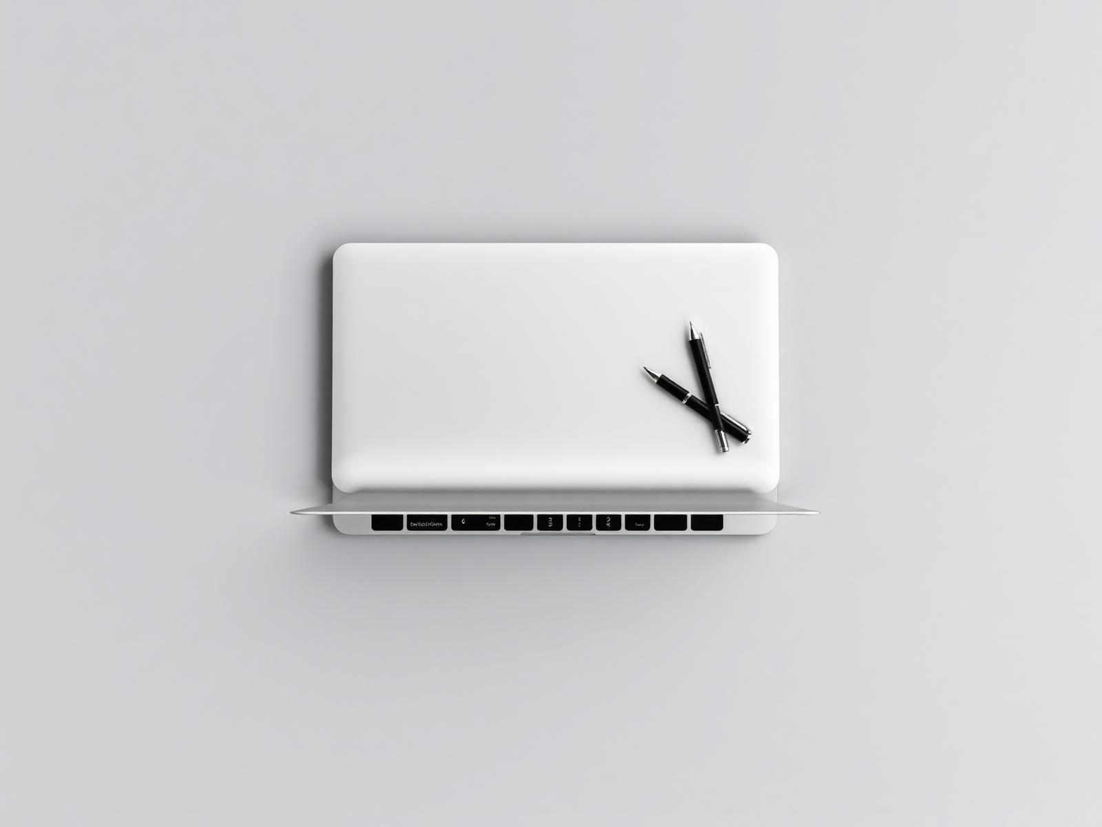 Escritorio minimalista con laptop y bolígrafo negro